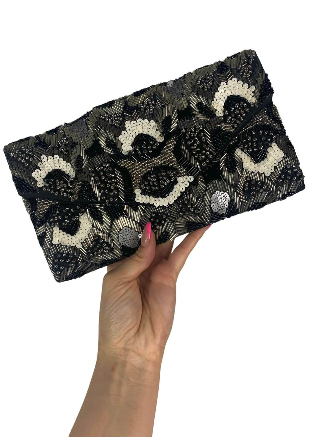 Beaded Clutch Black white and silver